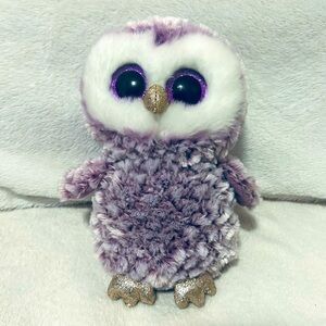 Ty Beanie Boo Purple and White Fluffy Soft Owl Plush Stuffie Glittery Sparkly
